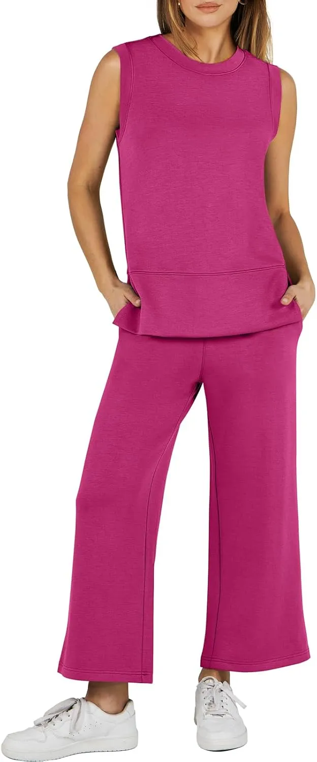 ANRABESS Women's 2 Piece Sets Summer Travel Airplane Outfits Sleeveless Wide Leg Casual Lounge Matching Sweat Set Sweatsuits