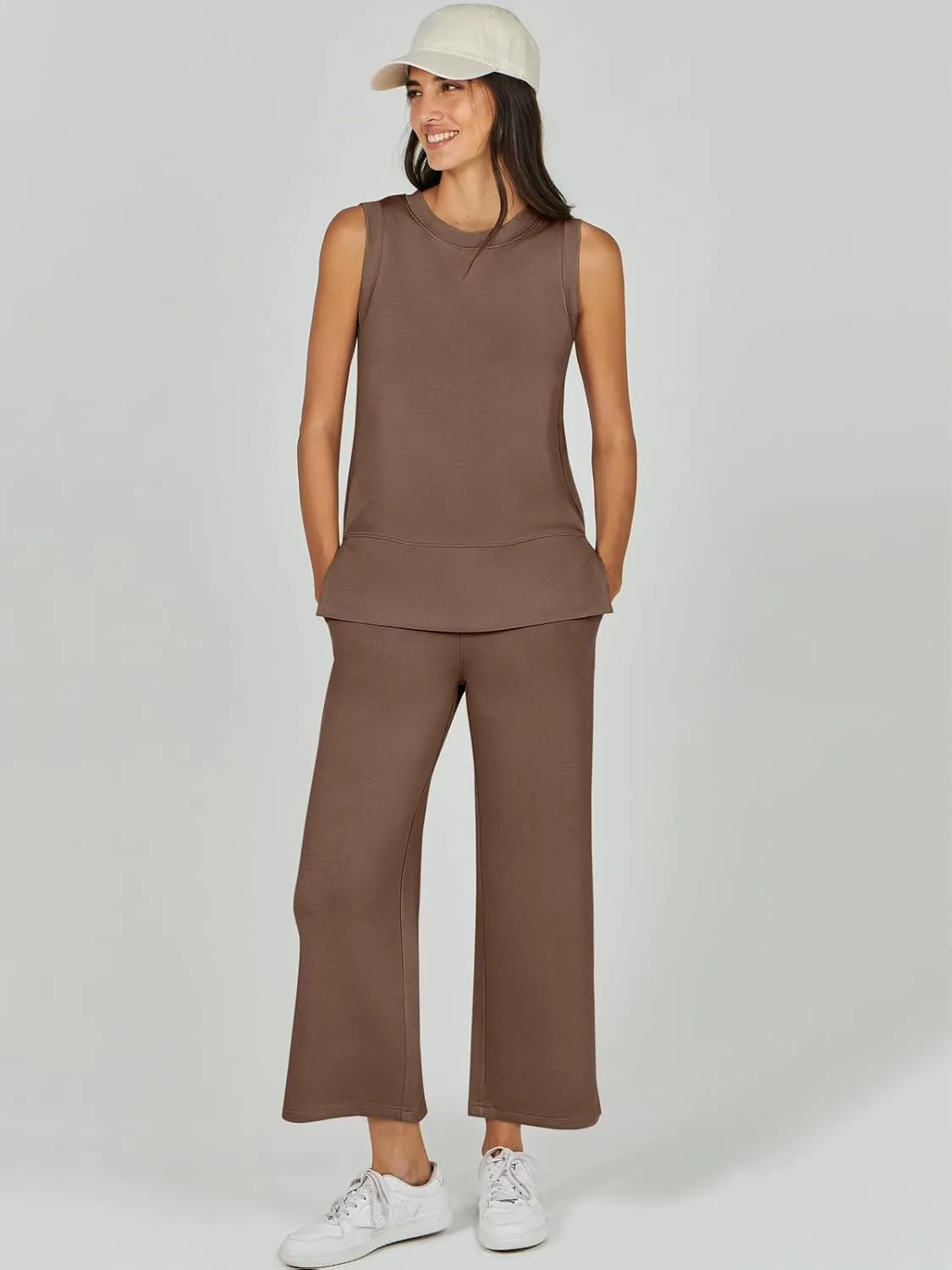 ANRABESS Women's 2 Piece Sets Summer Travel Airplane Outfits Sleeveless Wide Leg Casual Lounge Matching Sweat Set Sweatsuits
