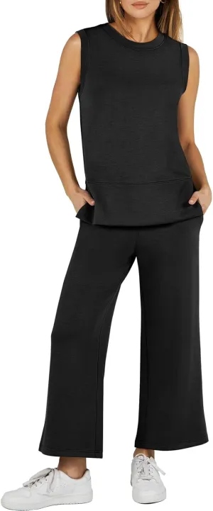 ANRABESS Women's 2 Piece Sets Summer Travel Airplane Outfits Sleeveless Wide Leg Casual Lounge Matching Sweat Set Sweatsuits