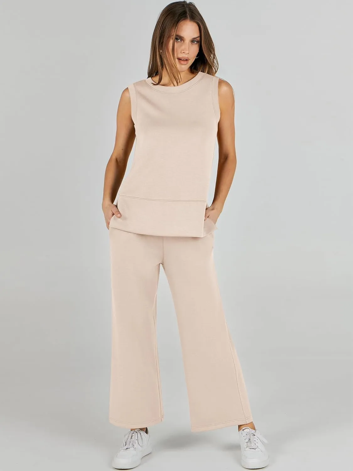 ANRABESS Women's 2 Piece Sets Summer Travel Airplane Outfits Sleeveless Wide Leg Casual Lounge Matching Sweat Set Sweatsuits