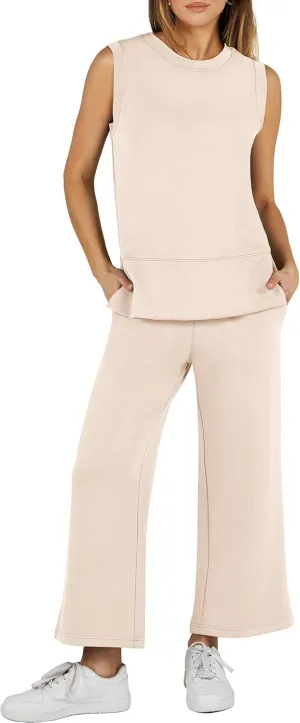 ANRABESS Women's 2 Piece Sets Summer Travel Airplane Outfits Sleeveless Wide Leg Casual Lounge Matching Sweat Set Sweatsuits