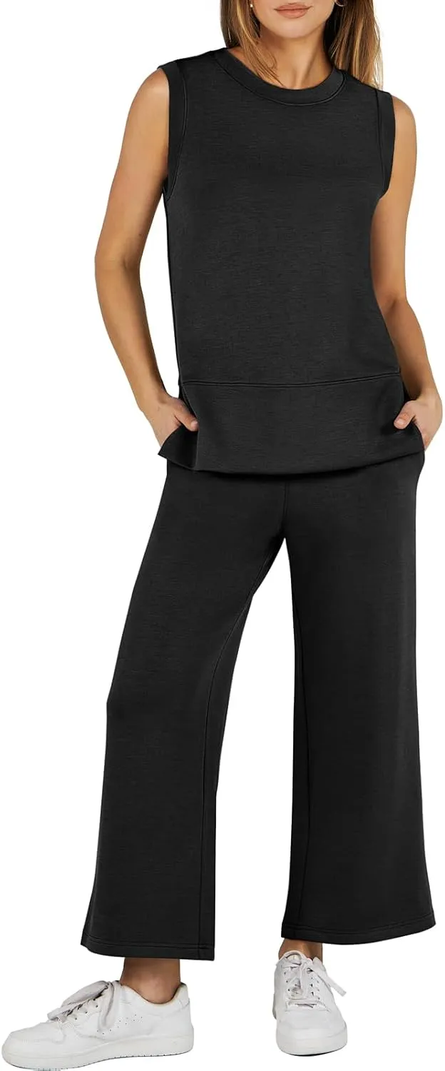 ANRABESS Women's 2 Piece Sets Summer Travel Airplane Outfits Sleeveless Wide Leg Casual Lounge Matching Sweat Set Sweatsuits