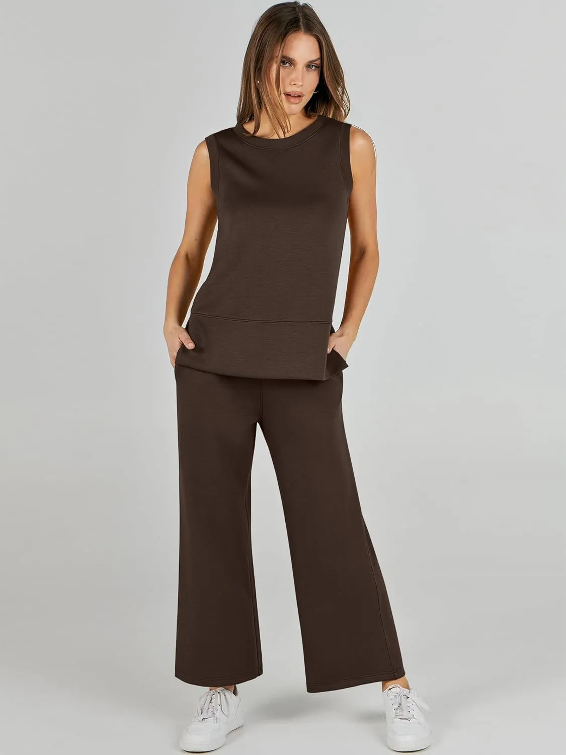 ANRABESS Women's 2 Piece Sets Summer Travel Airplane Outfits Sleeveless Wide Leg Casual Lounge Matching Sweat Set Sweatsuits