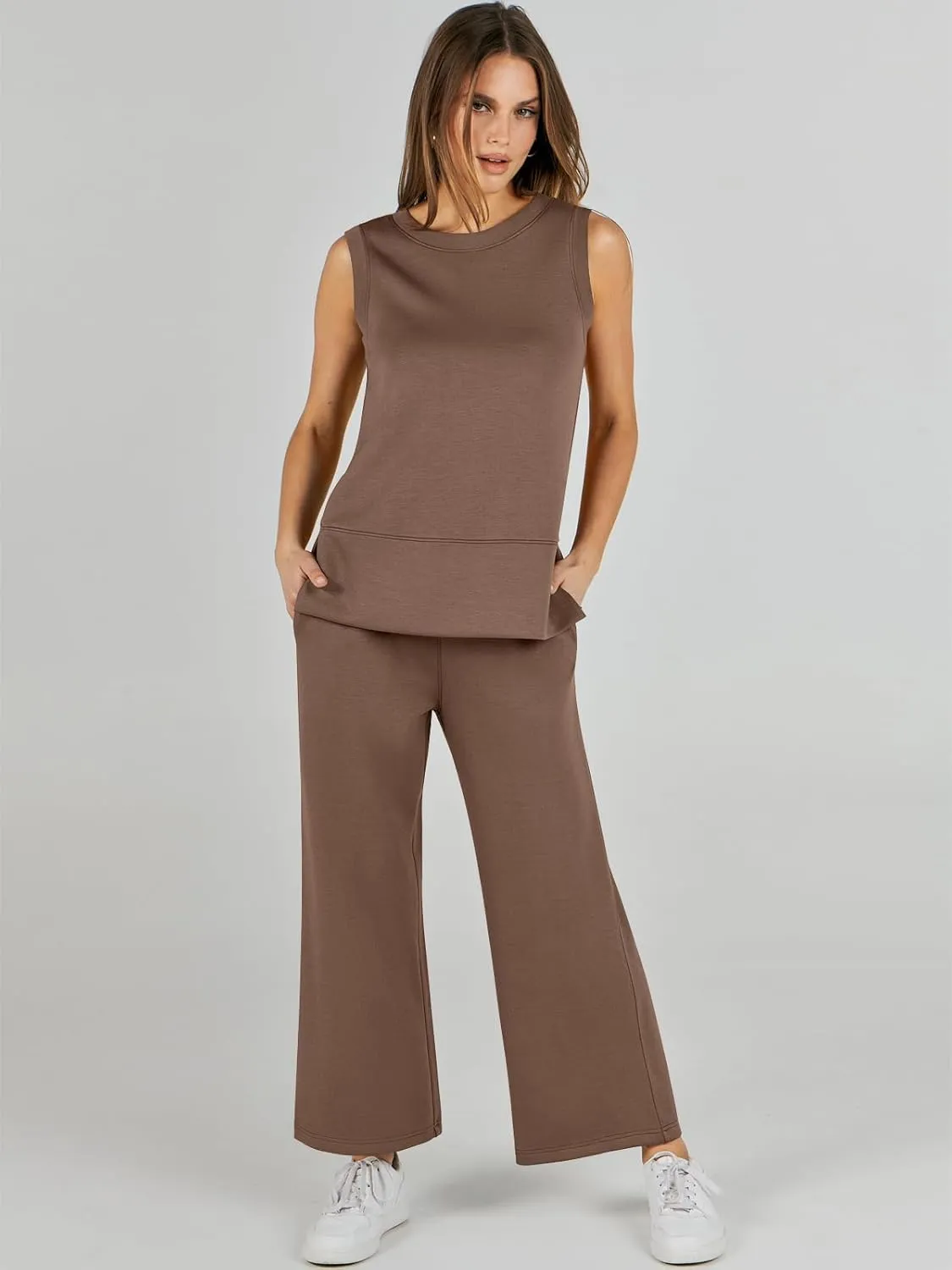 ANRABESS Women's 2 Piece Sets Summer Travel Airplane Outfits Sleeveless Wide Leg Casual Lounge Matching Sweat Set Sweatsuits
