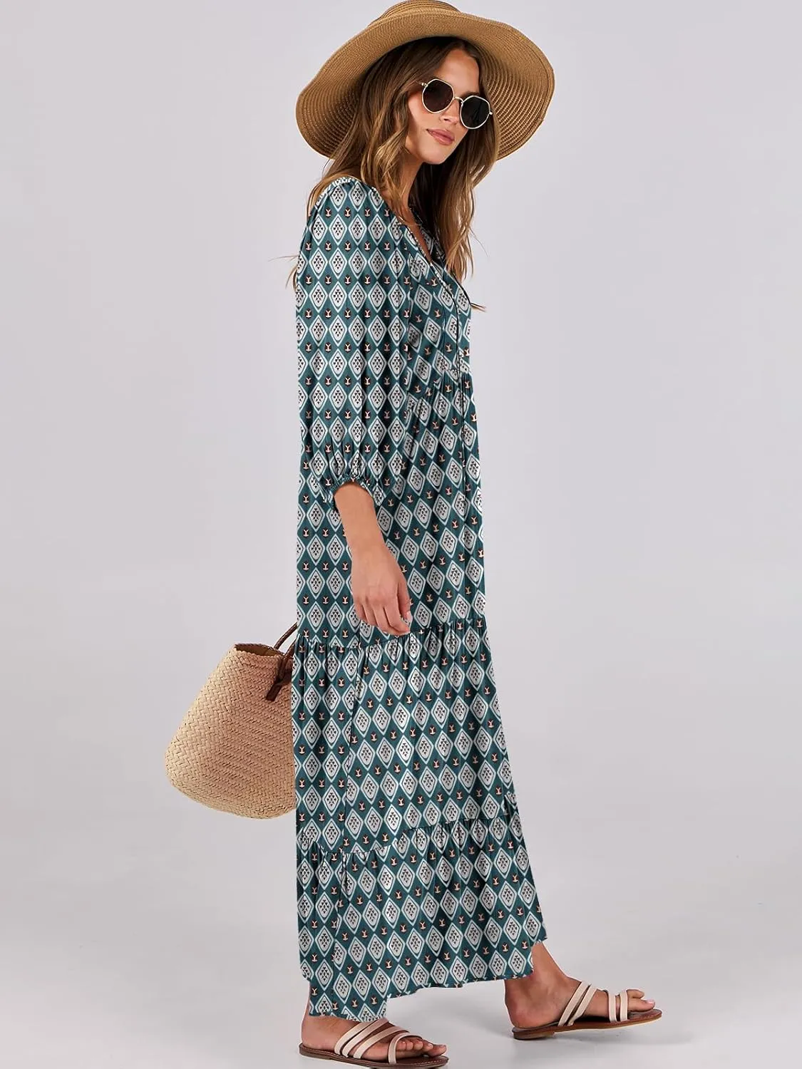 ANRABESS Womens Boho Maxi Dresses 2025 Summer V Neck Puff Sleeve Floral Flowy Swing Casual Long Dress