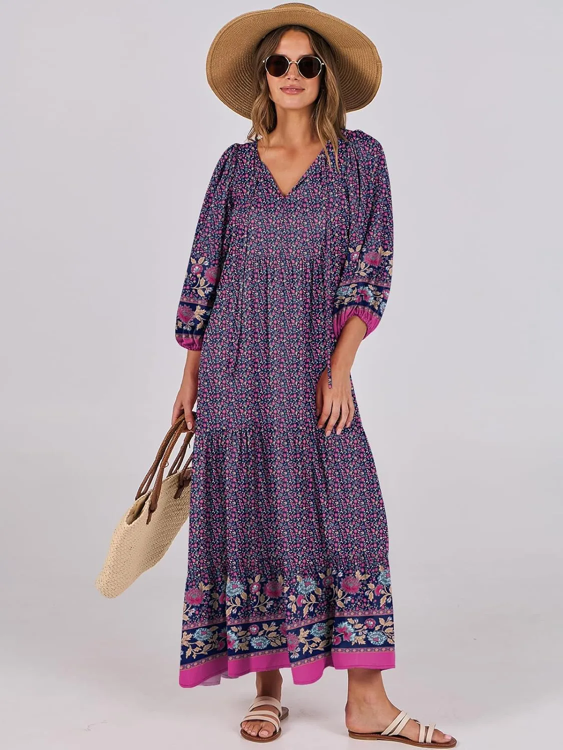 ANRABESS Womens Boho Maxi Dresses 2025 Summer V Neck Puff Sleeve Floral Flowy Swing Casual Long Dress