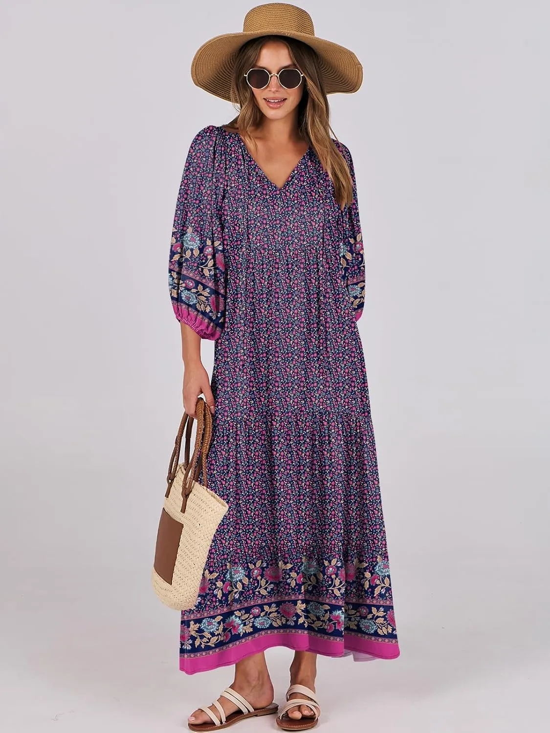 ANRABESS Womens Boho Maxi Dresses 2025 Summer V Neck Puff Sleeve Floral Flowy Swing Casual Long Dress