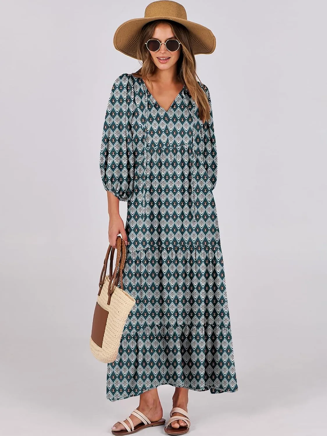 ANRABESS Womens Boho Maxi Dresses 2025 Summer V Neck Puff Sleeve Floral Flowy Swing Casual Long Dress