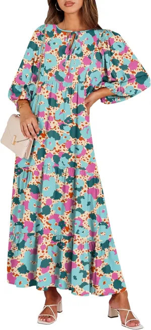 ANRABESS Womens Boho Maxi Dresses 2025 Summer V Neck Puff Sleeve Floral Flowy Swing Casual Long Dress