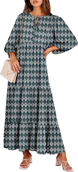 ANRABESS Womens Boho Maxi Dresses 2025 Summer V Neck Puff Sleeve Floral Flowy Swing Casual Long Dress
