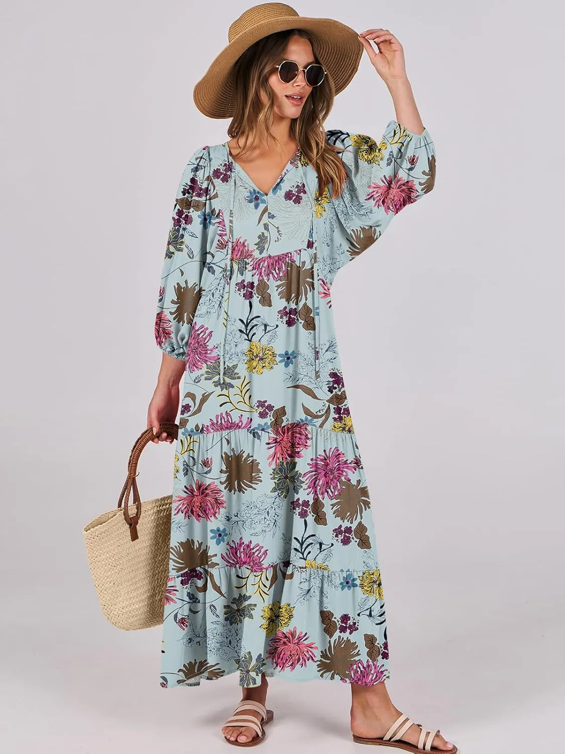 ANRABESS Womens Boho Maxi Dresses 2025 Summer V Neck Puff Sleeve Floral Flowy Swing Casual Long Dress