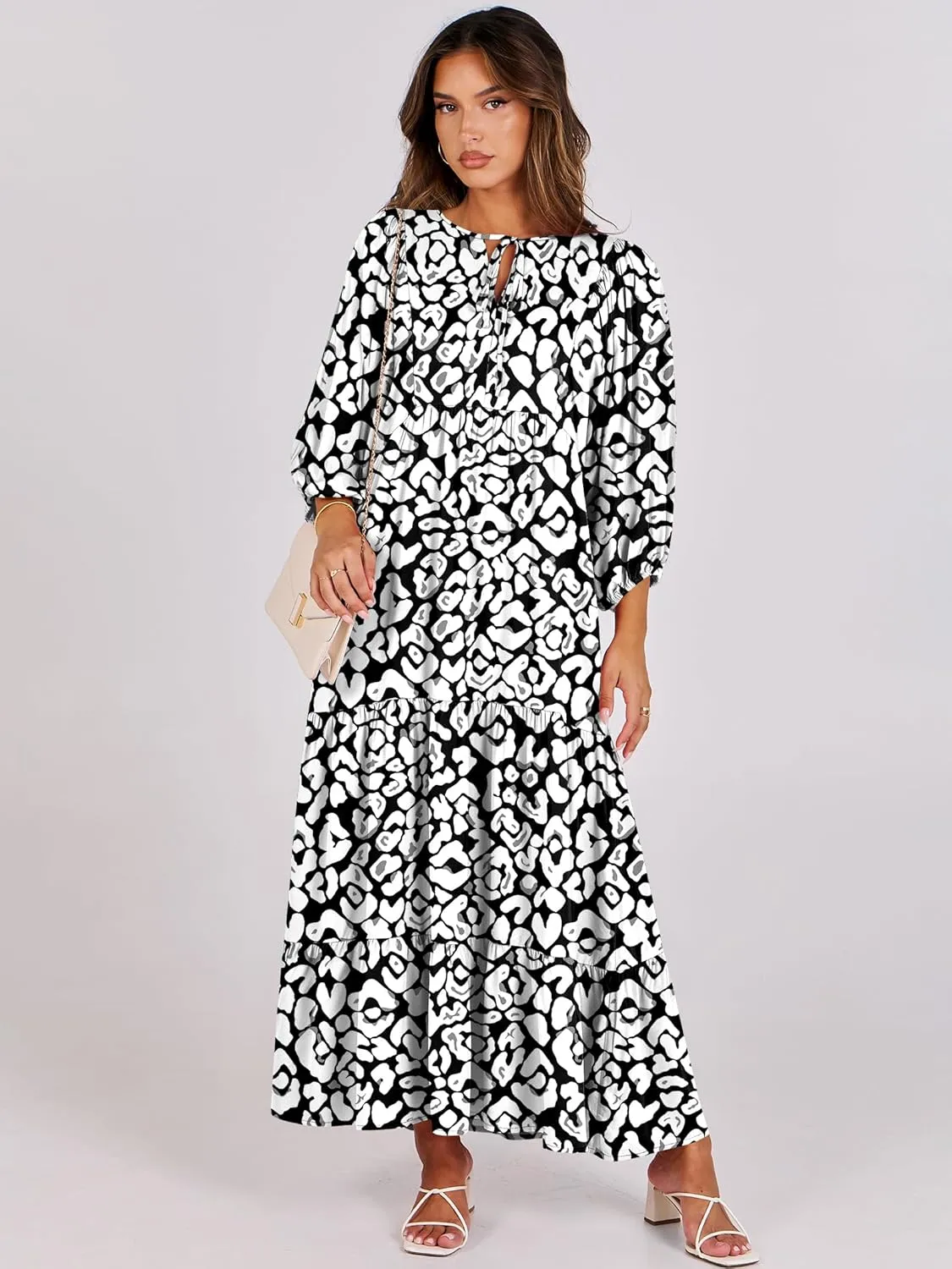 ANRABESS Womens Boho Maxi Dresses 2025 Summer V Neck Puff Sleeve Floral Flowy Swing Casual Long Dress