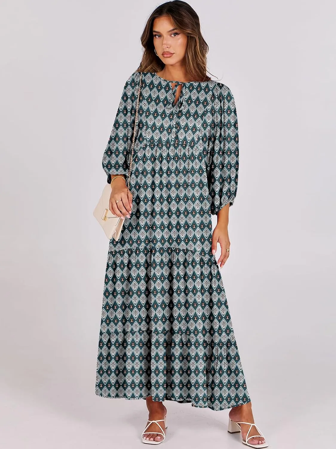 ANRABESS Womens Boho Maxi Dresses 2025 Summer V Neck Puff Sleeve Floral Flowy Swing Casual Long Dress