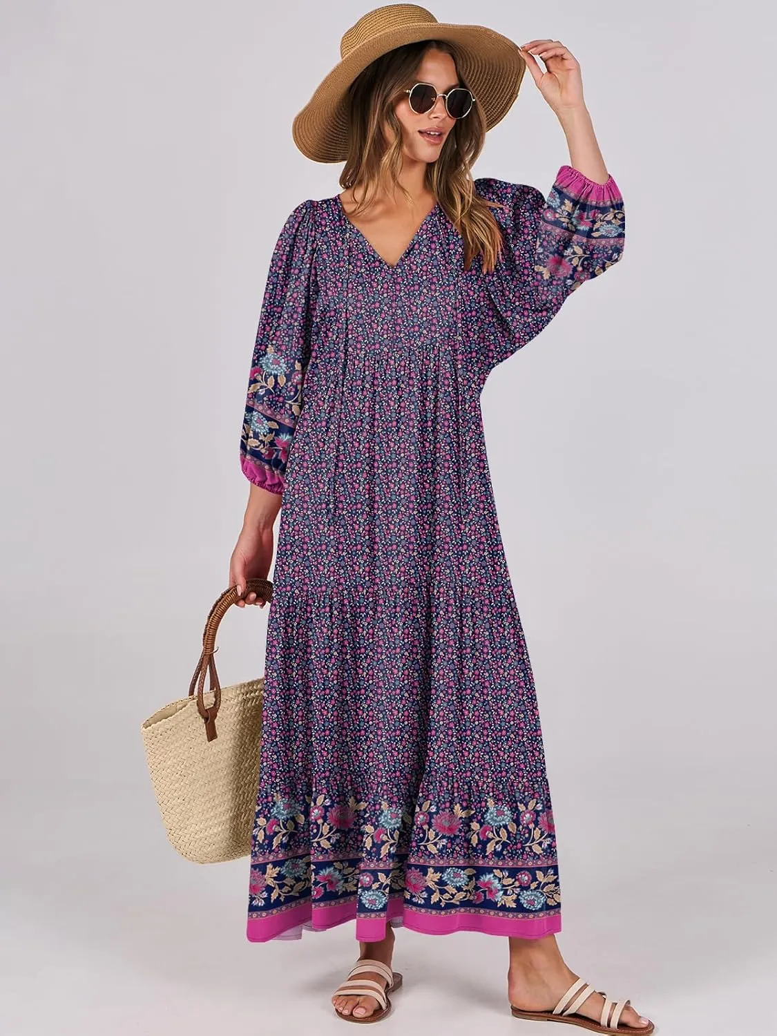 ANRABESS Womens Boho Maxi Dresses 2025 Summer V Neck Puff Sleeve Floral Flowy Swing Casual Long Dress