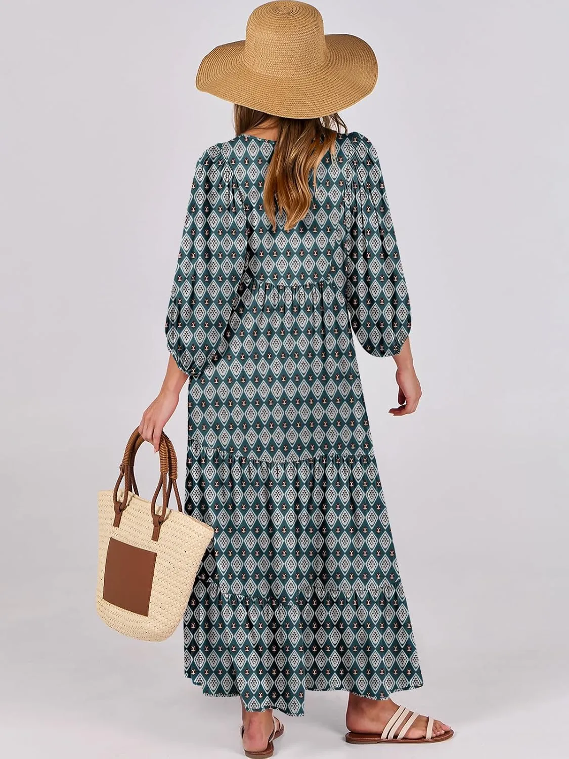 ANRABESS Womens Boho Maxi Dresses 2025 Summer V Neck Puff Sleeve Floral Flowy Swing Casual Long Dress