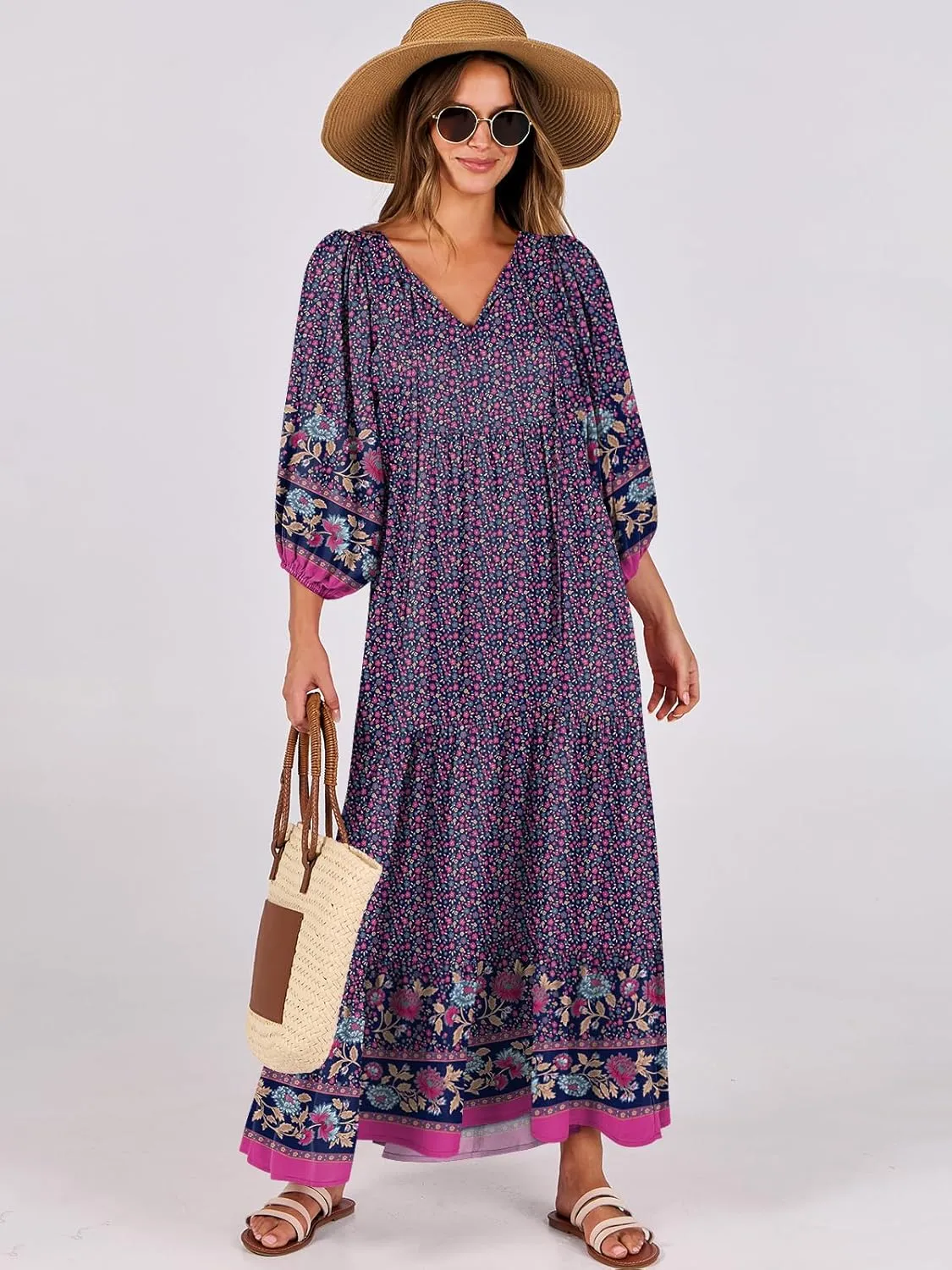 ANRABESS Womens Boho Maxi Dresses 2025 Summer V Neck Puff Sleeve Floral Flowy Swing Casual Long Dress