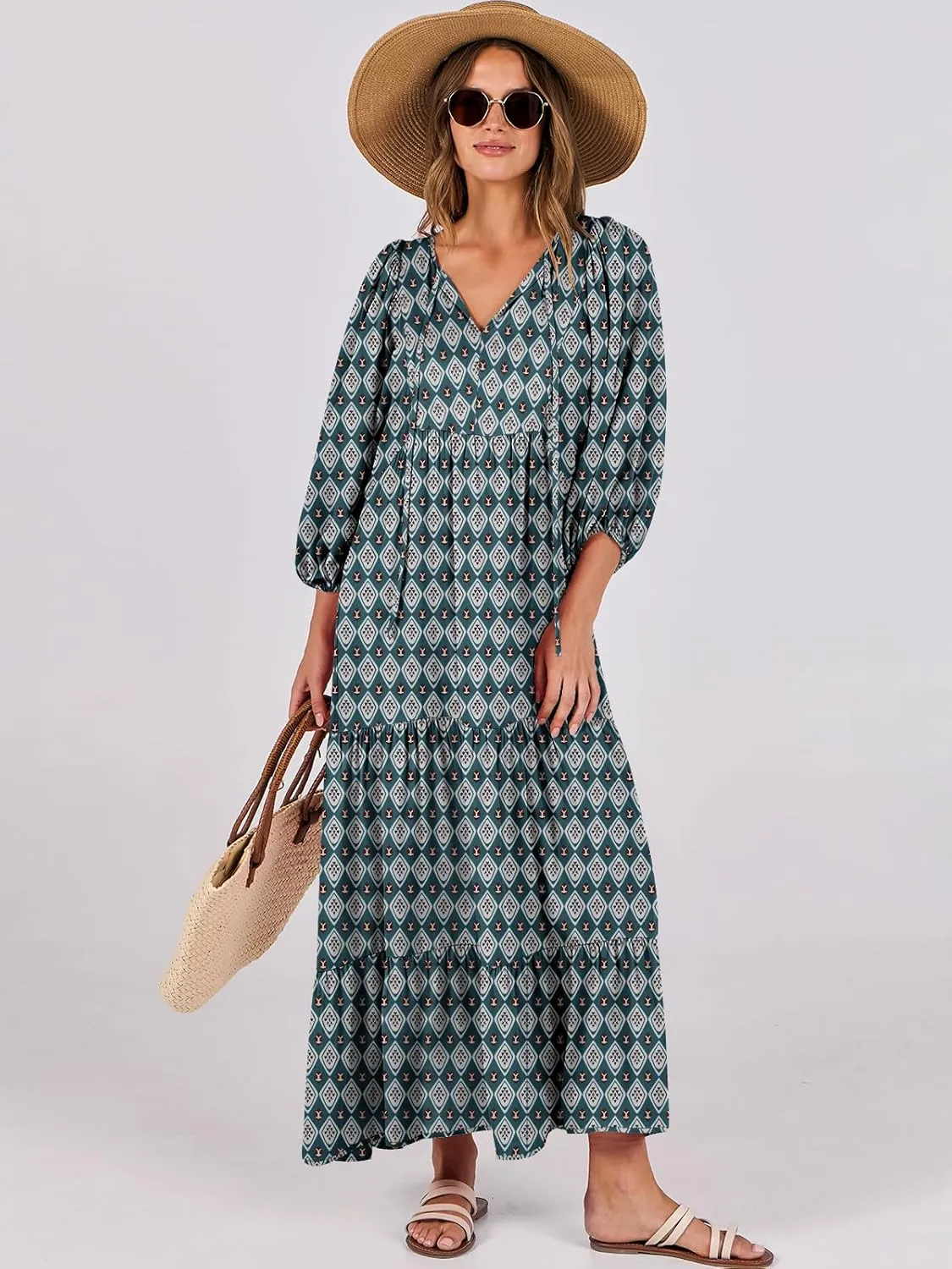 ANRABESS Womens Boho Maxi Dresses 2025 Summer V Neck Puff Sleeve Floral Flowy Swing Casual Long Dress