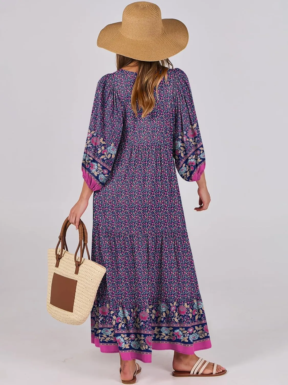 ANRABESS Womens Boho Maxi Dresses 2025 Summer V Neck Puff Sleeve Floral Flowy Swing Casual Long Dress