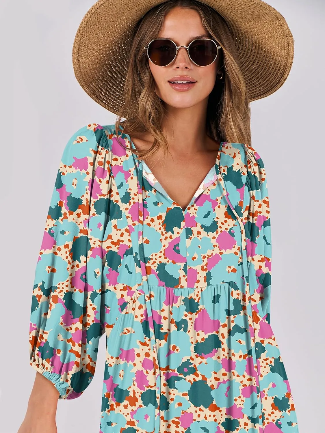 ANRABESS Womens Boho Maxi Dresses 2025 Summer V Neck Puff Sleeve Floral Flowy Swing Casual Long Dress