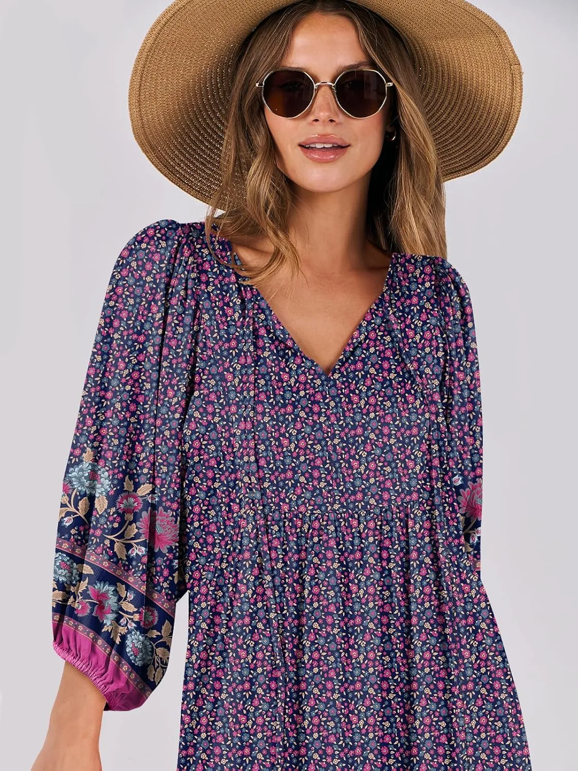 ANRABESS Womens Boho Maxi Dresses 2025 Summer V Neck Puff Sleeve Floral Flowy Swing Casual Long Dress