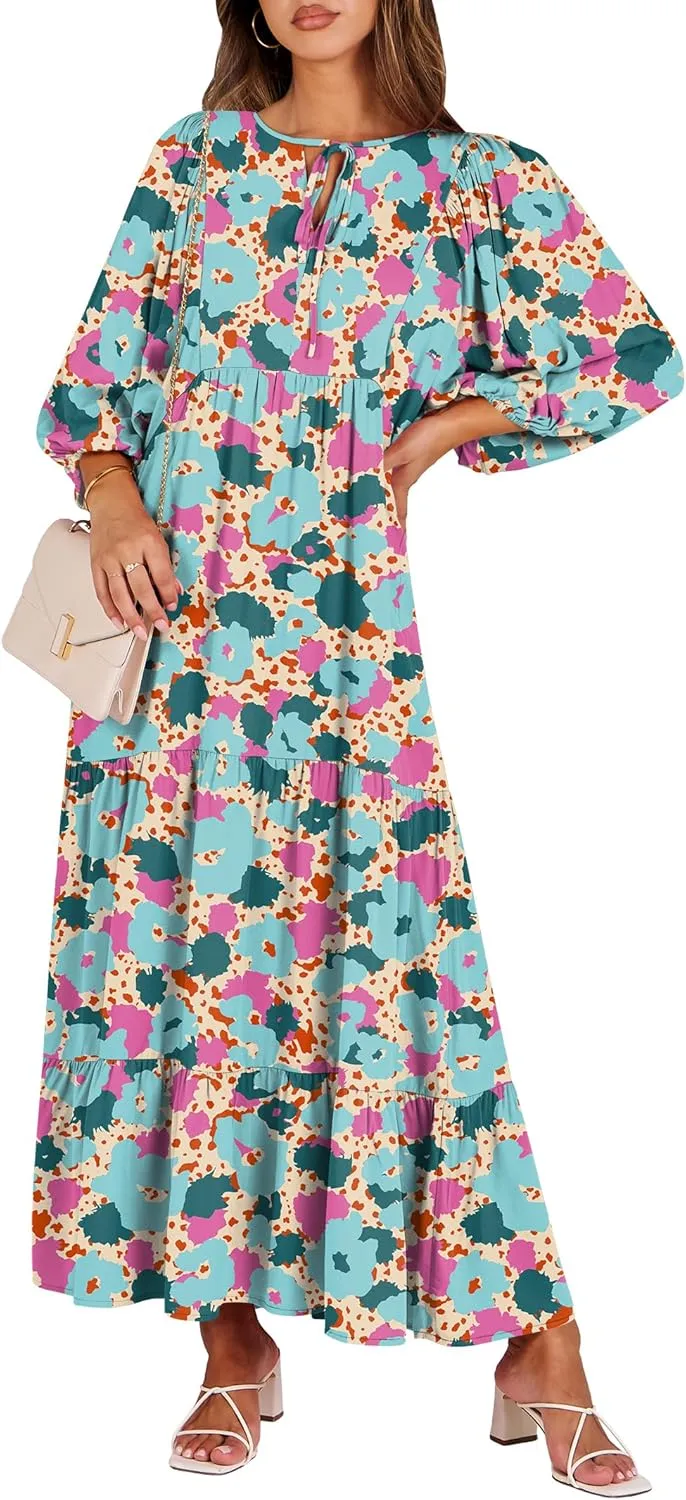 ANRABESS Womens Boho Maxi Dresses 2025 Summer V Neck Puff Sleeve Floral Flowy Swing Casual Long Dress