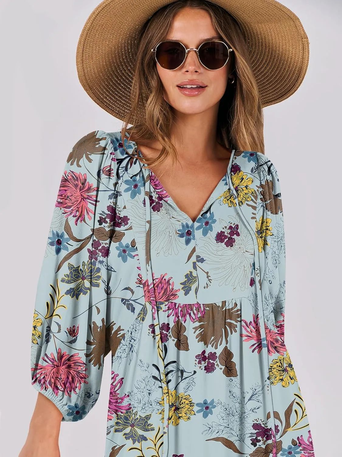 ANRABESS Womens Boho Maxi Dresses 2025 Summer V Neck Puff Sleeve Floral Flowy Swing Casual Long Dress