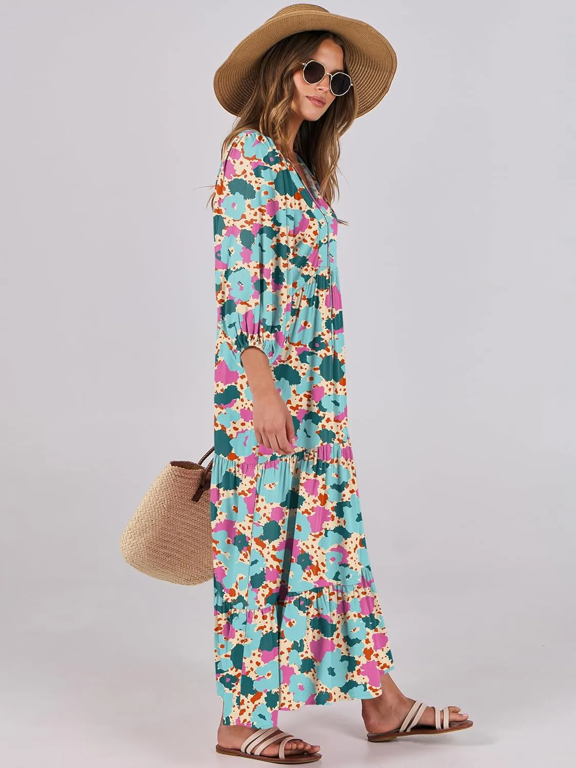 ANRABESS Womens Boho Maxi Dresses 2025 Summer V Neck Puff Sleeve Floral Flowy Swing Casual Long Dress
