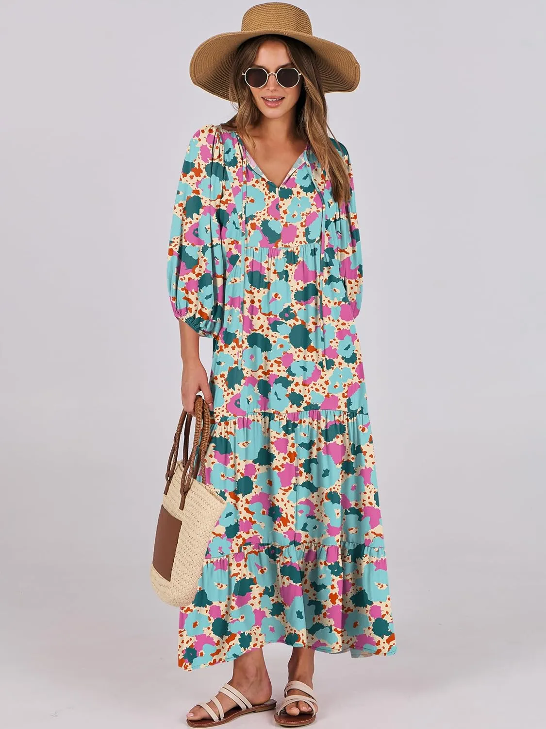 ANRABESS Womens Boho Maxi Dresses 2025 Summer V Neck Puff Sleeve Floral Flowy Swing Casual Long Dress