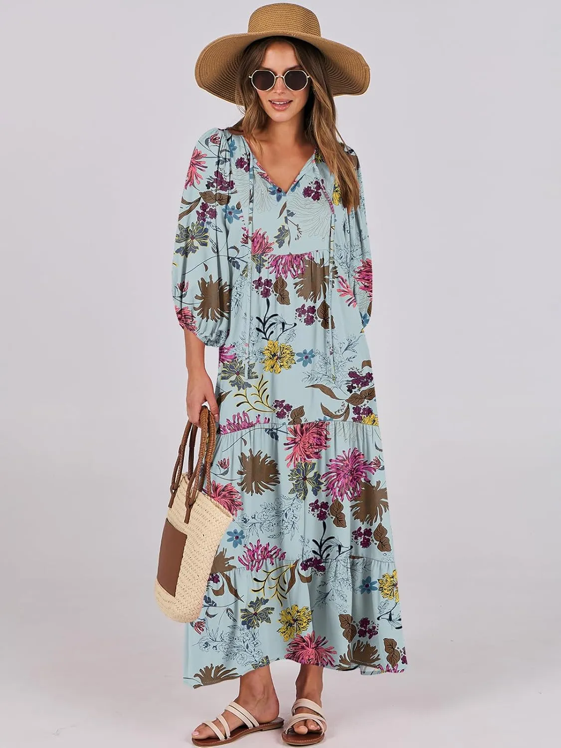 ANRABESS Womens Boho Maxi Dresses 2025 Summer V Neck Puff Sleeve Floral Flowy Swing Casual Long Dress