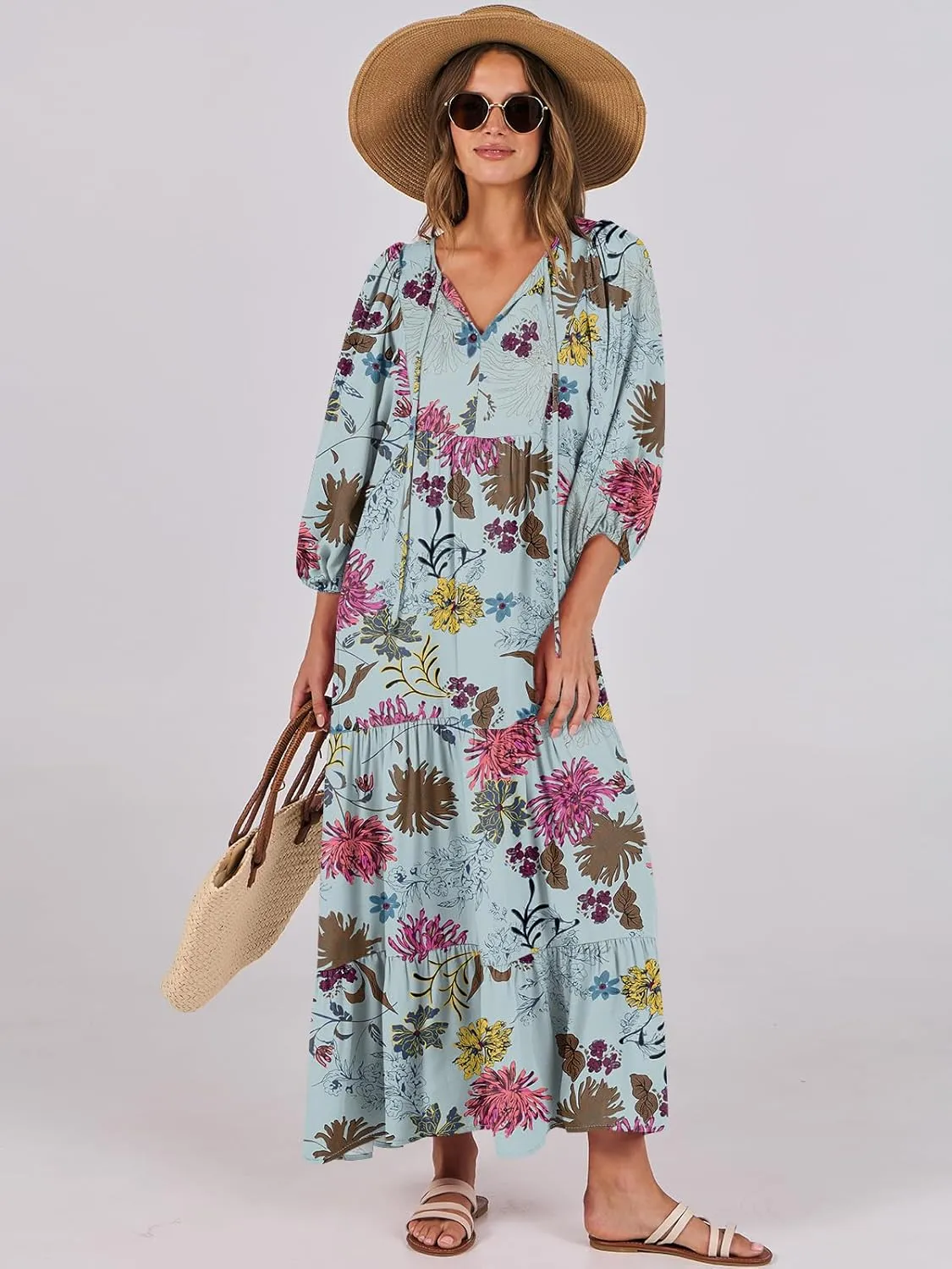 ANRABESS Womens Boho Maxi Dresses 2025 Summer V Neck Puff Sleeve Floral Flowy Swing Casual Long Dress