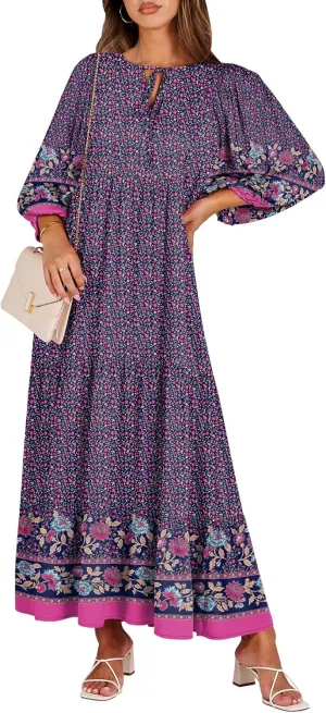 ANRABESS Womens Boho Maxi Dresses 2025 Summer V Neck Puff Sleeve Floral Flowy Swing Casual Long Dress