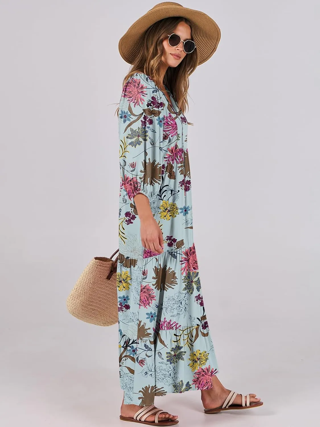 ANRABESS Womens Boho Maxi Dresses 2025 Summer V Neck Puff Sleeve Floral Flowy Swing Casual Long Dress
