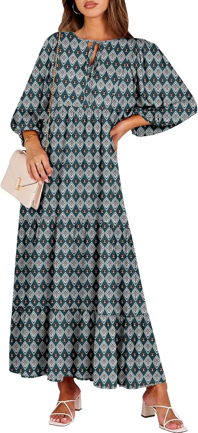 ANRABESS Womens Boho Maxi Dresses 2025 Summer V Neck Puff Sleeve Floral Flowy Swing Casual Long Dress