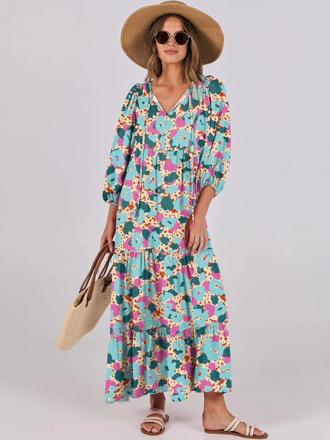 ANRABESS Womens Boho Maxi Dresses 2025 Summer V Neck Puff Sleeve Floral Flowy Swing Casual Long Dress