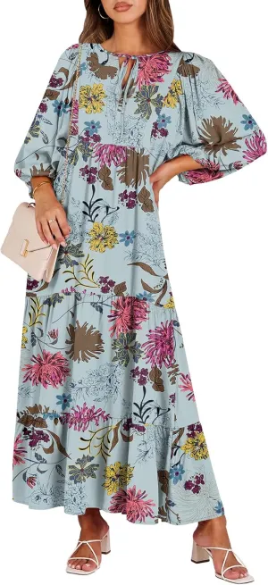 ANRABESS Womens Boho Maxi Dresses 2025 Summer V Neck Puff Sleeve Floral Flowy Swing Casual Long Dress