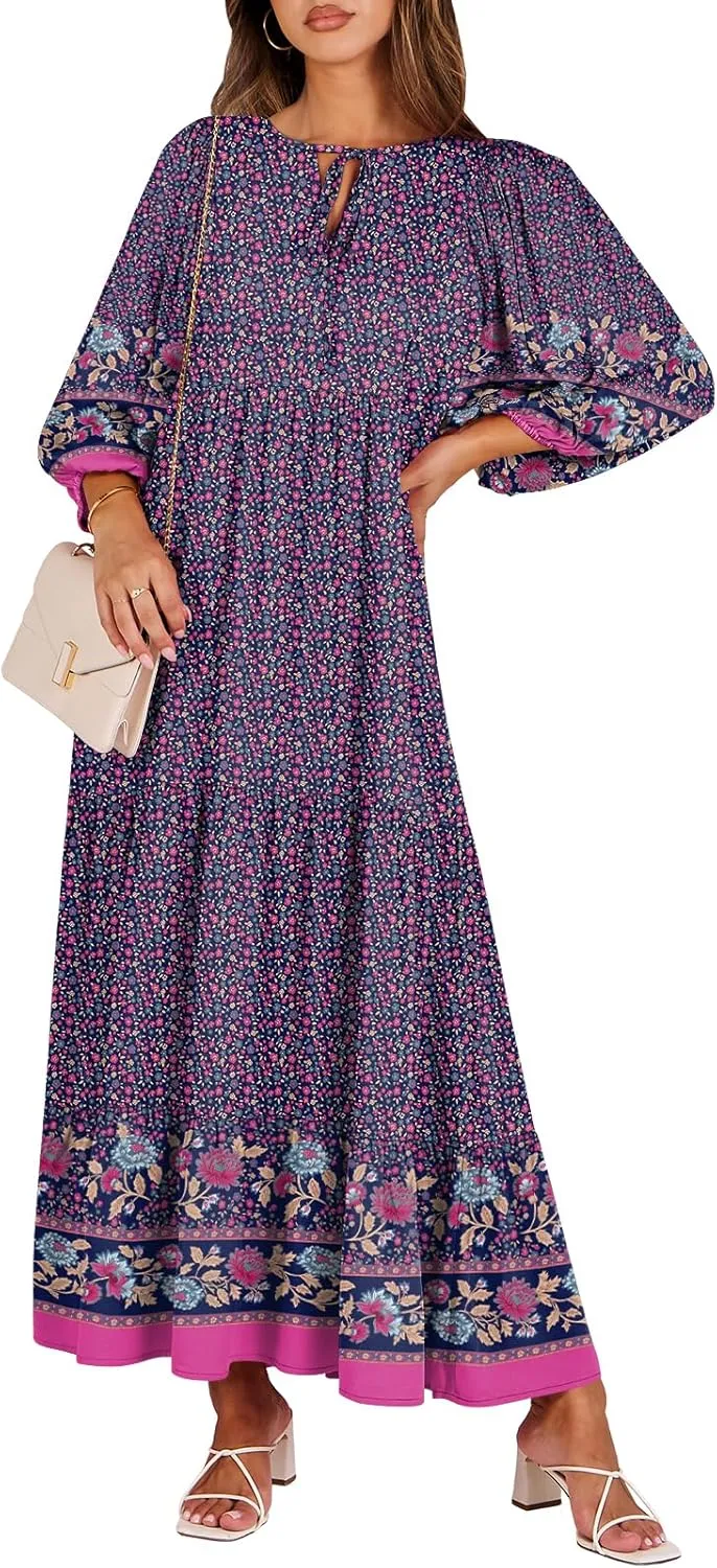 ANRABESS Womens Boho Maxi Dresses 2025 Summer V Neck Puff Sleeve Floral Flowy Swing Casual Long Dress