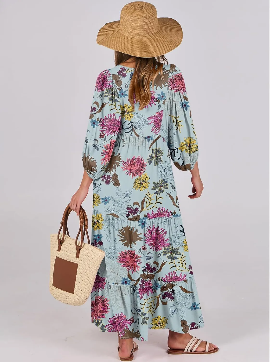 ANRABESS Womens Boho Maxi Dresses 2025 Summer V Neck Puff Sleeve Floral Flowy Swing Casual Long Dress