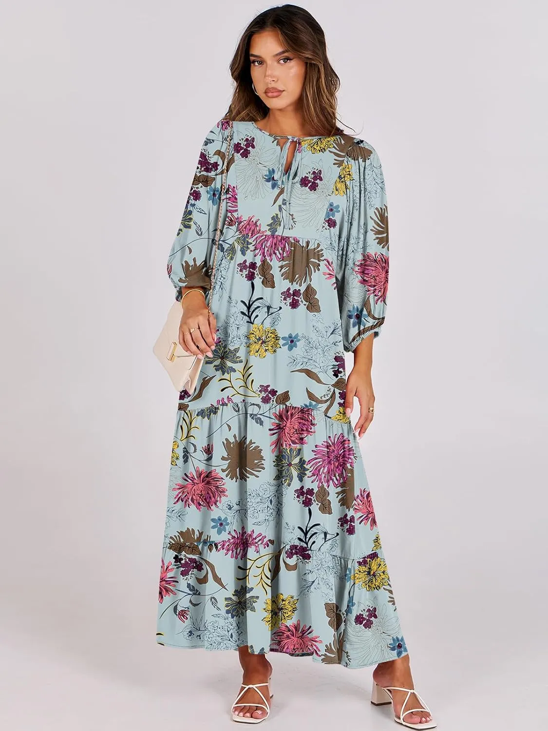 ANRABESS Womens Boho Maxi Dresses 2025 Summer V Neck Puff Sleeve Floral Flowy Swing Casual Long Dress