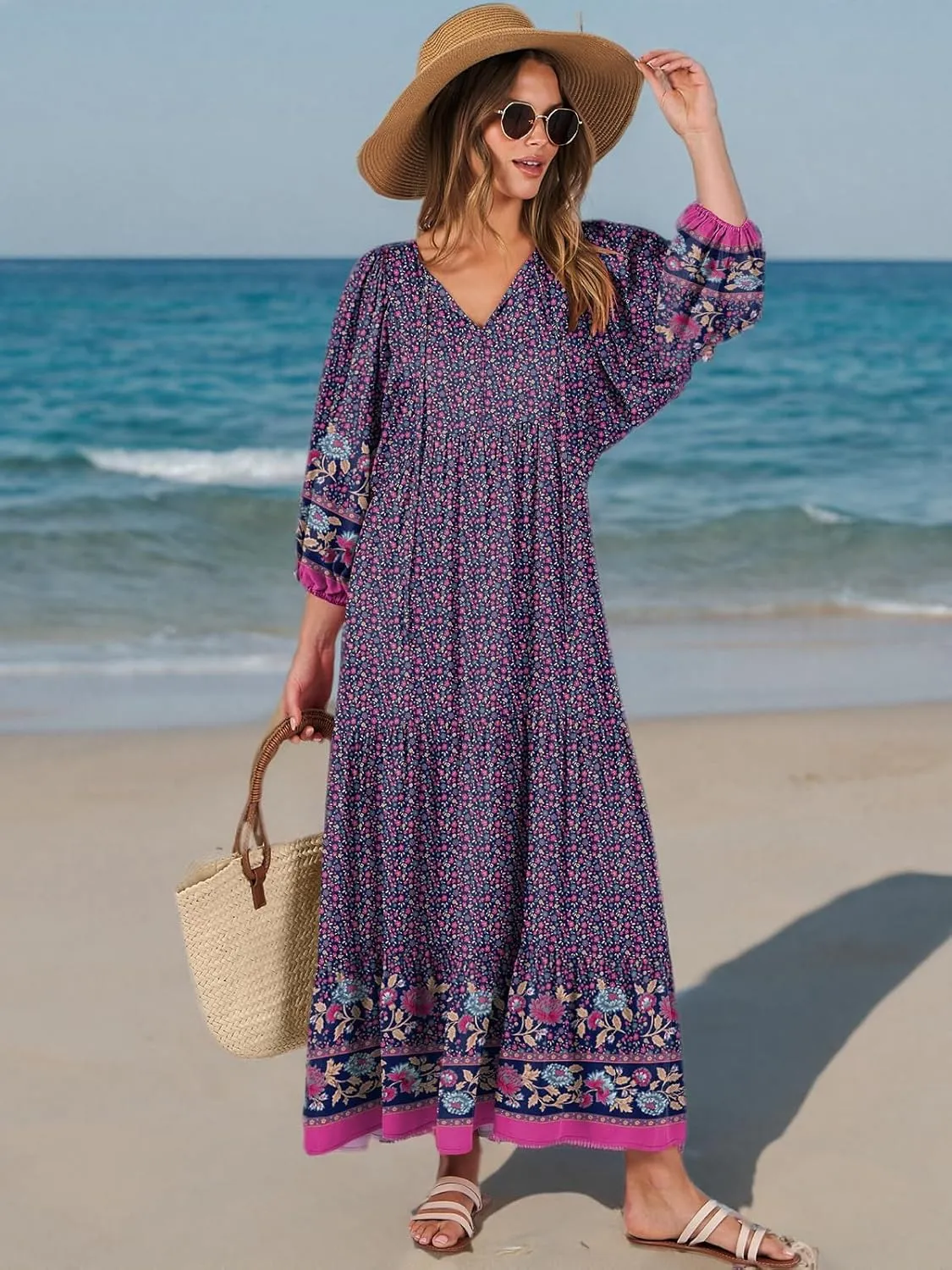 ANRABESS Womens Boho Maxi Dresses 2025 Summer V Neck Puff Sleeve Floral Flowy Swing Casual Long Dress