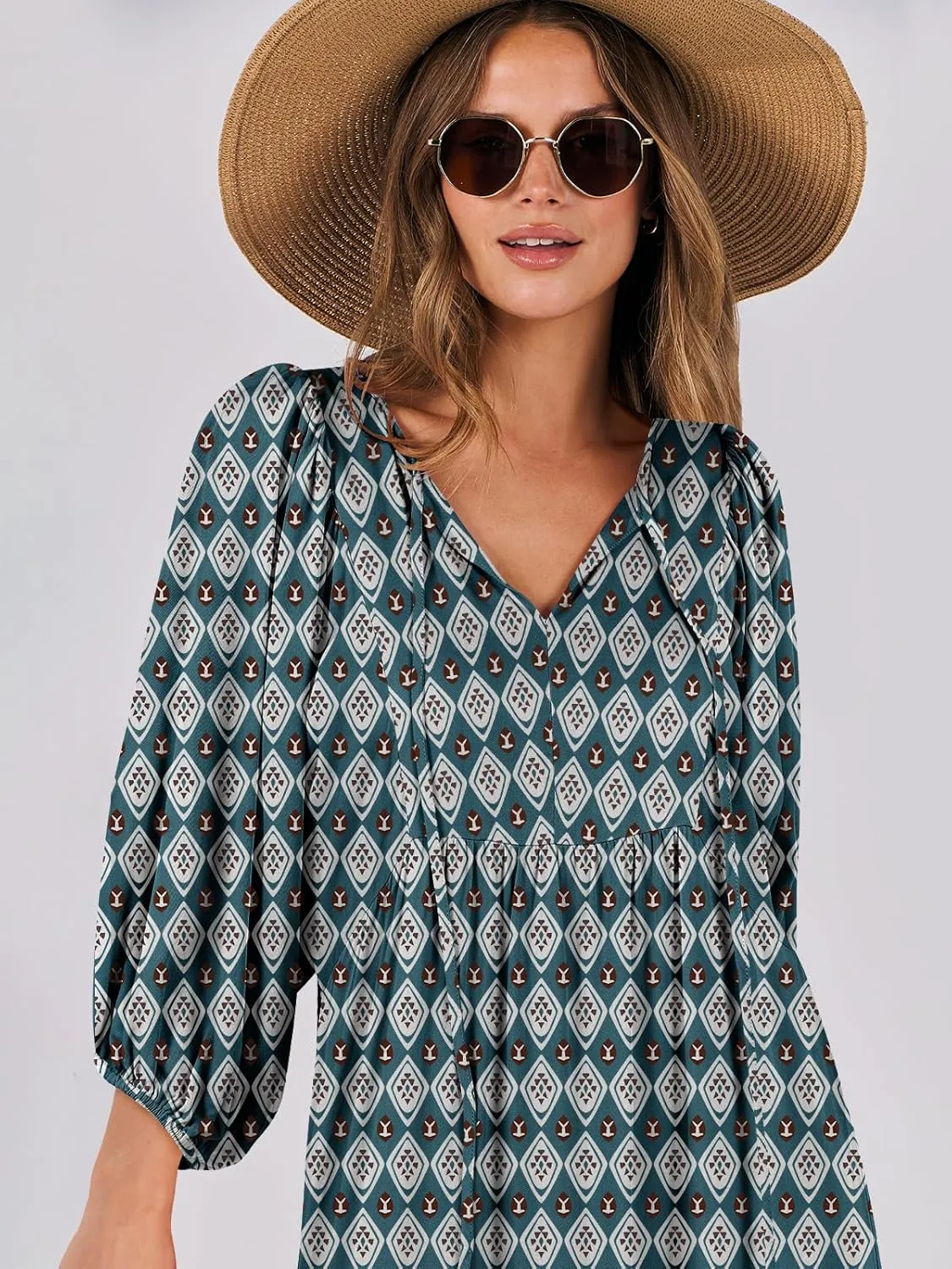 ANRABESS Womens Boho Maxi Dresses 2025 Summer V Neck Puff Sleeve Floral Flowy Swing Casual Long Dress