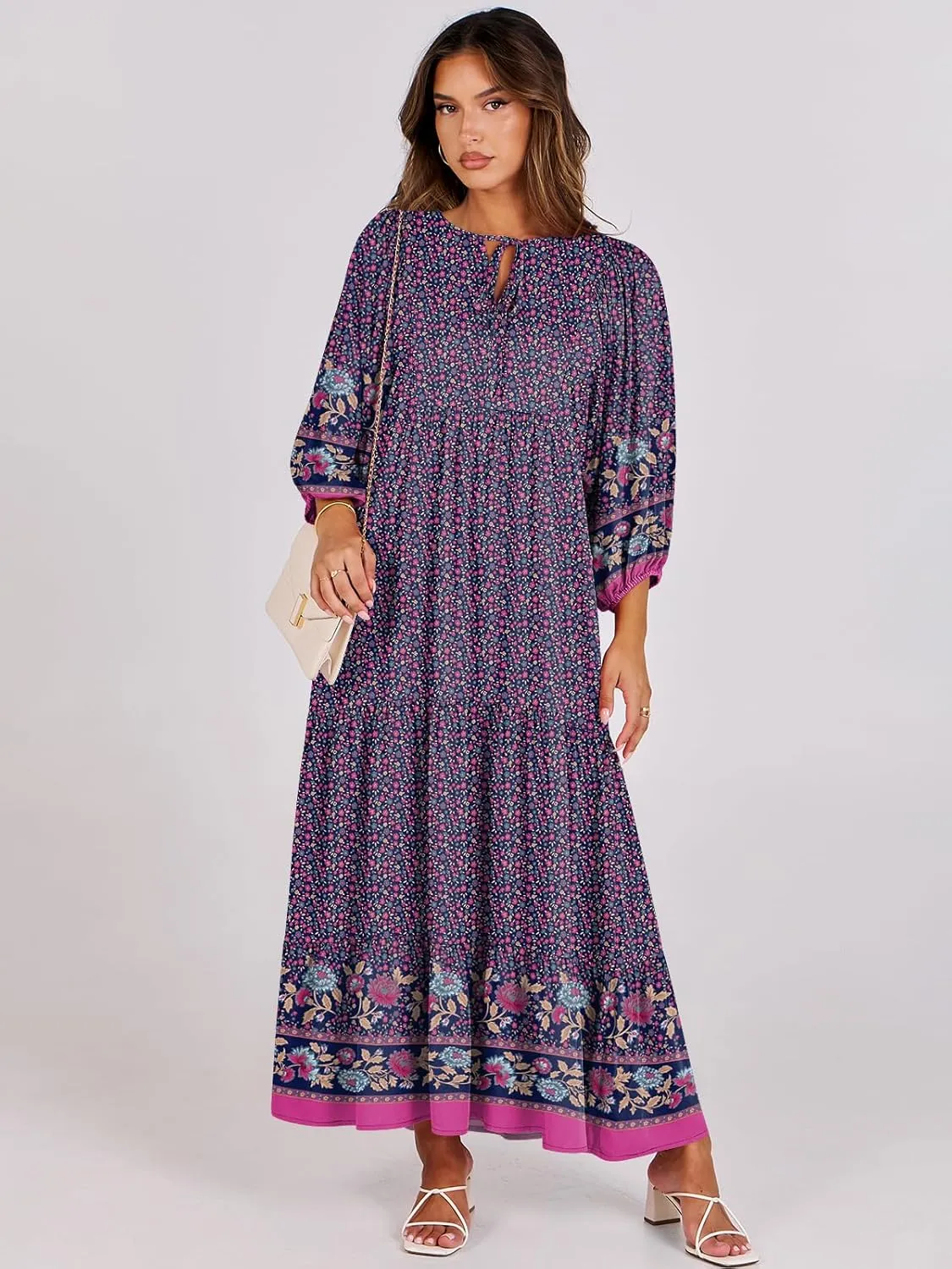 ANRABESS Womens Boho Maxi Dresses 2025 Summer V Neck Puff Sleeve Floral Flowy Swing Casual Long Dress