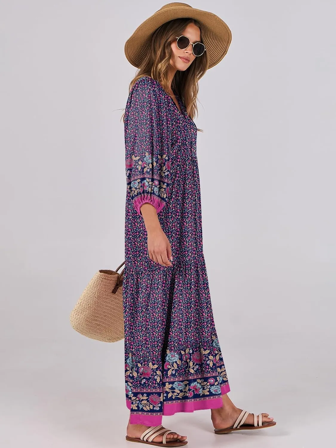 ANRABESS Womens Boho Maxi Dresses 2025 Summer V Neck Puff Sleeve Floral Flowy Swing Casual Long Dress