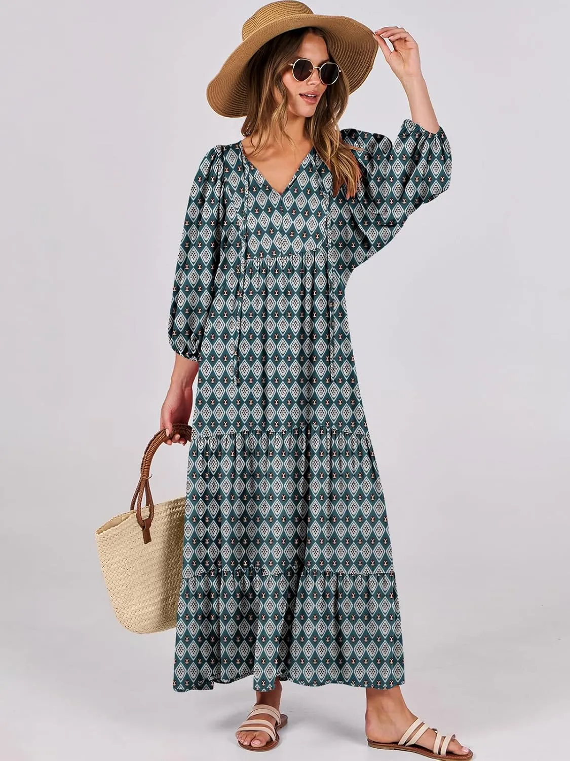 ANRABESS Womens Boho Maxi Dresses 2025 Summer V Neck Puff Sleeve Floral Flowy Swing Casual Long Dress