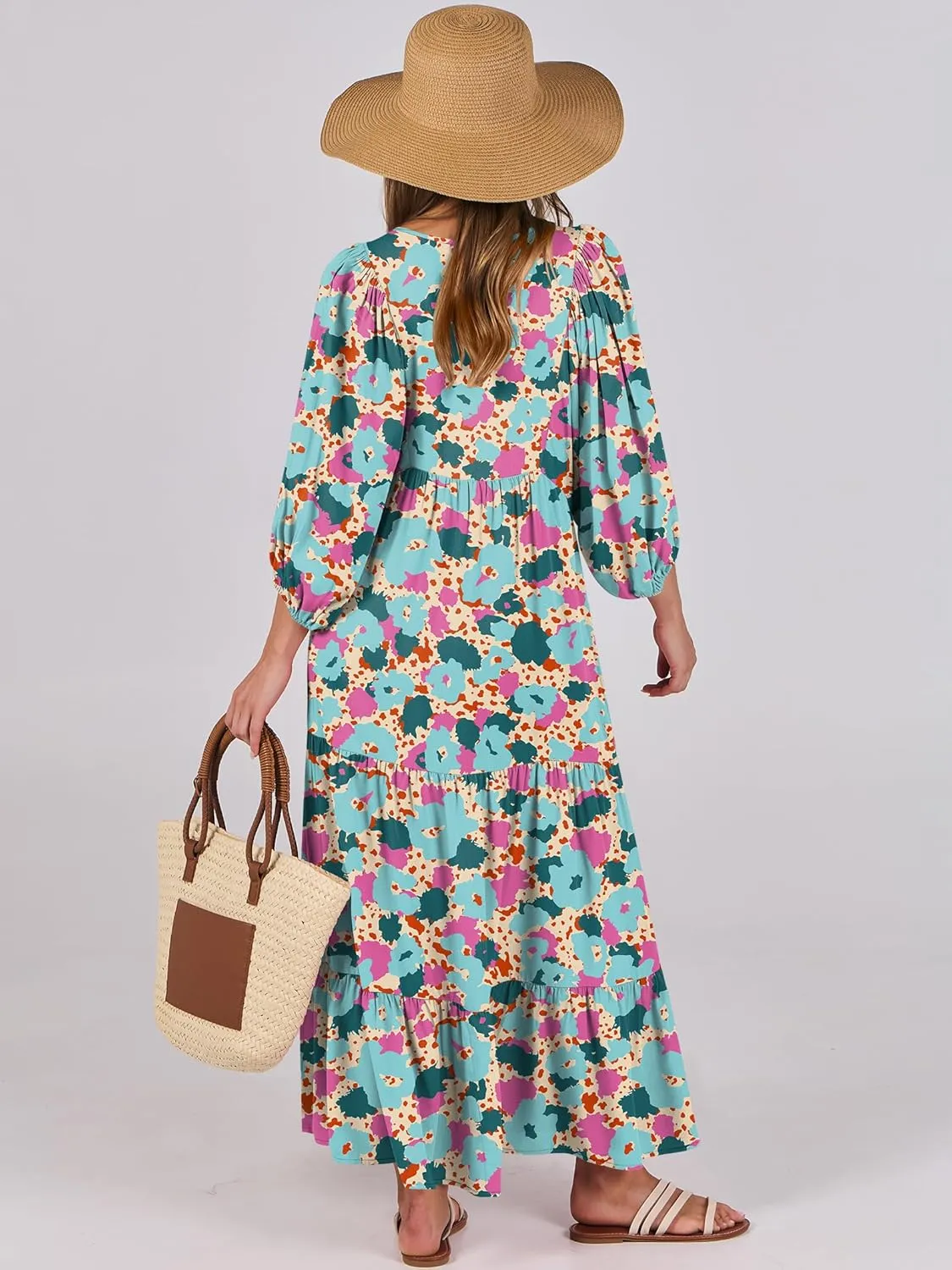 ANRABESS Womens Boho Maxi Dresses 2025 Summer V Neck Puff Sleeve Floral Flowy Swing Casual Long Dress