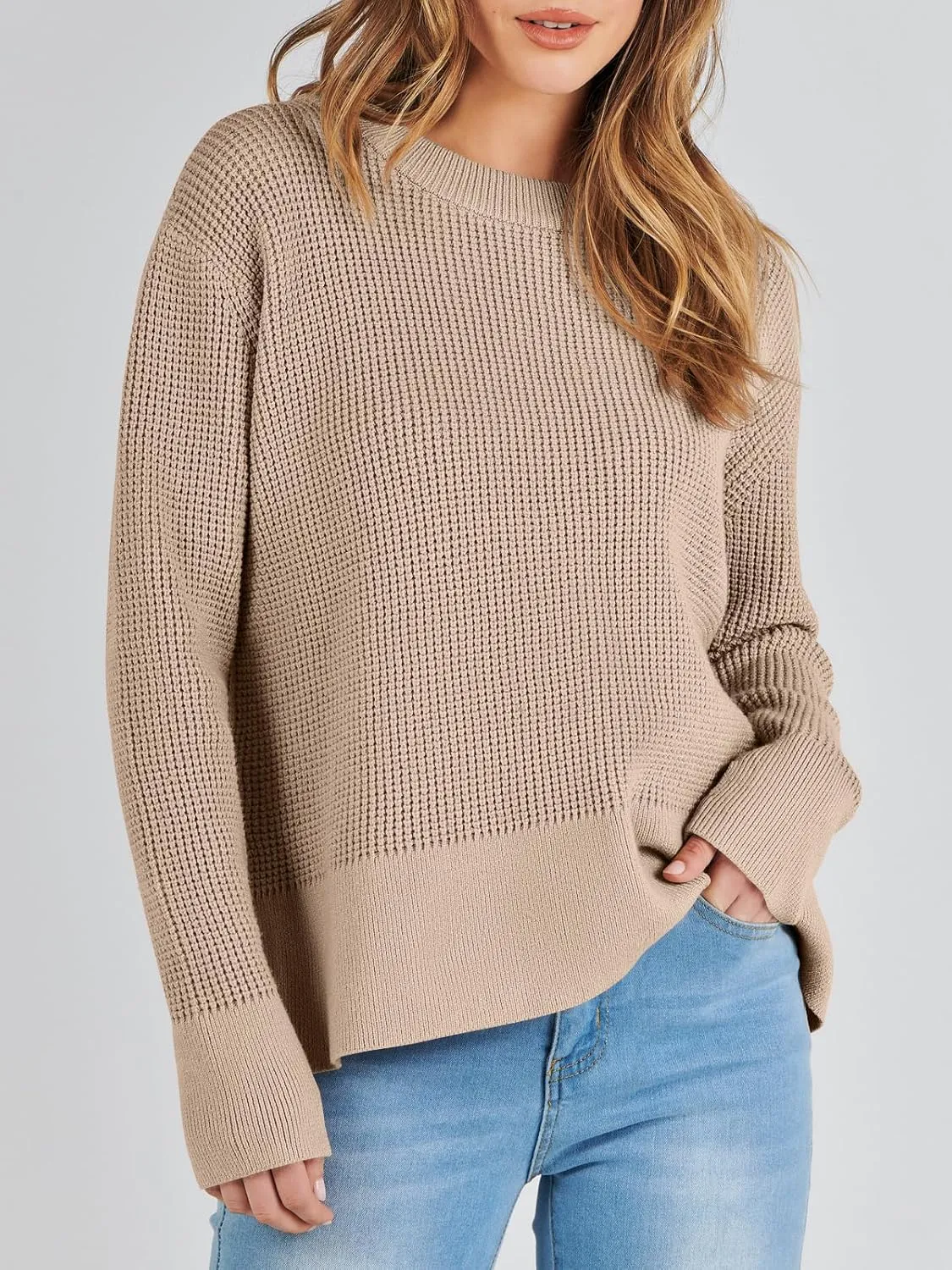 ANRABESS Womens Crewneck Long Sleeve Waffle Knit Casual Side Zipper Pullover Sweaters Top Thumbhole 2025 Fall Outfits