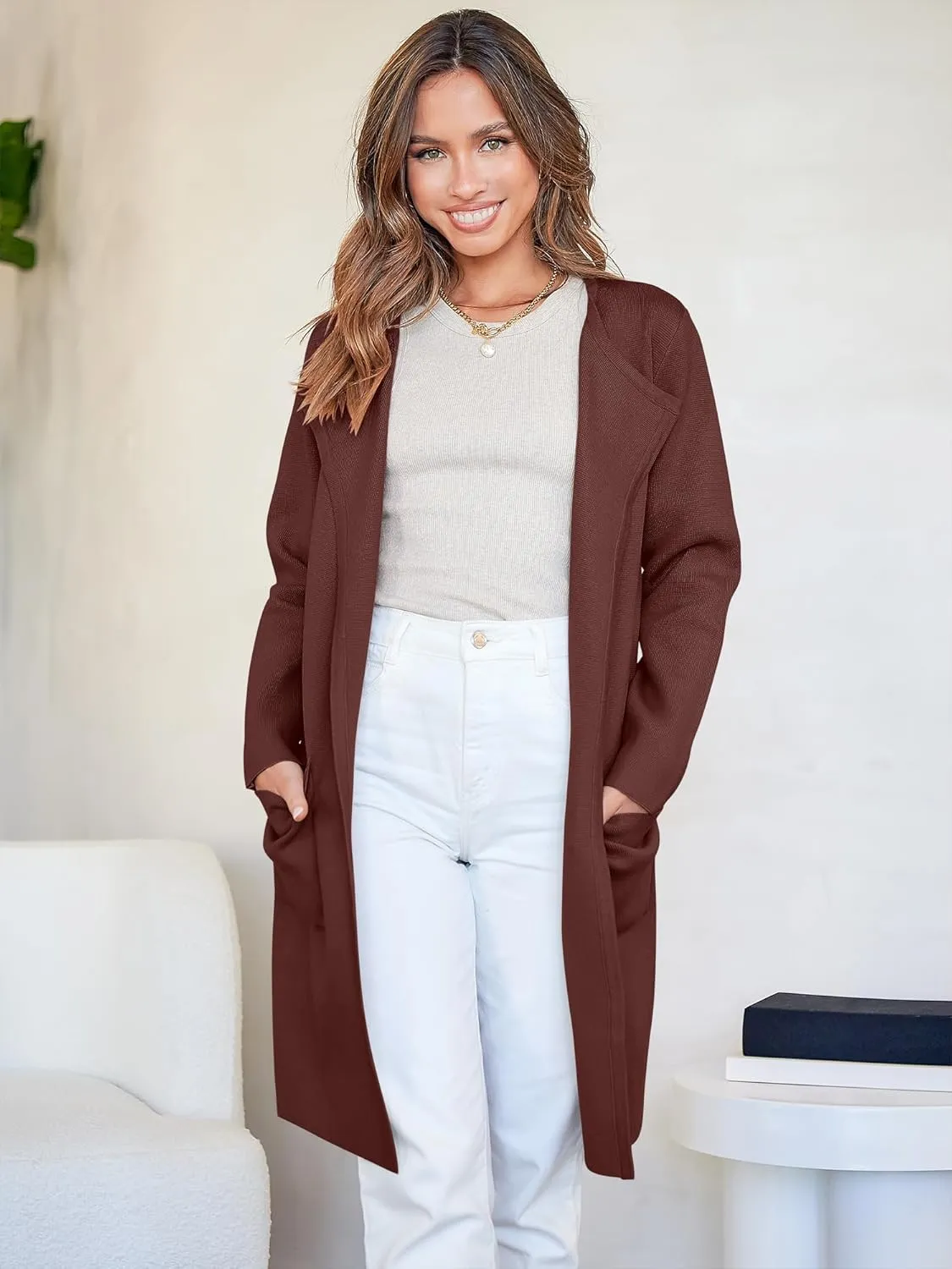 ANRABESS Women's Open Front Knit Lightweight Cardigan Casual Long Coatigan Sweater Lady Jacket Coat 2025 Fall Outerwear