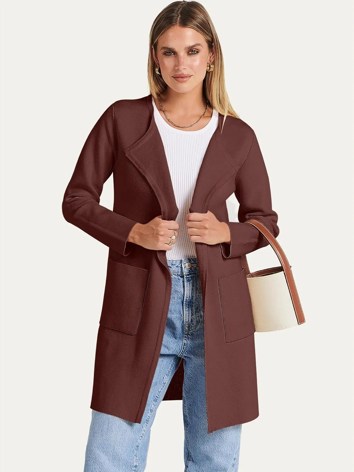ANRABESS Women's Open Front Knit Lightweight Cardigan Casual Long Coatigan Sweater Lady Jacket Coat 2025 Fall Outerwear
