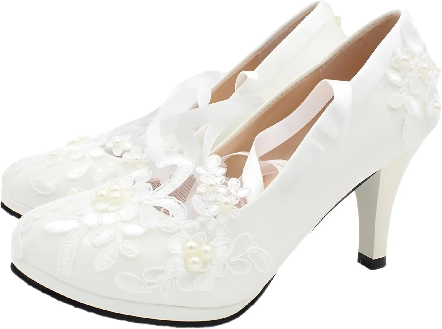 ANUFER Womens Elegant Lace Embroidery Flat/Heeled White Wedding Shoes Pumps with Pearls