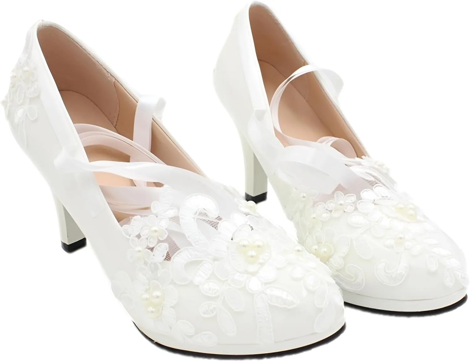 ANUFER Womens Elegant Lace Embroidery Flat/Heeled White Wedding Shoes Pumps with Pearls
