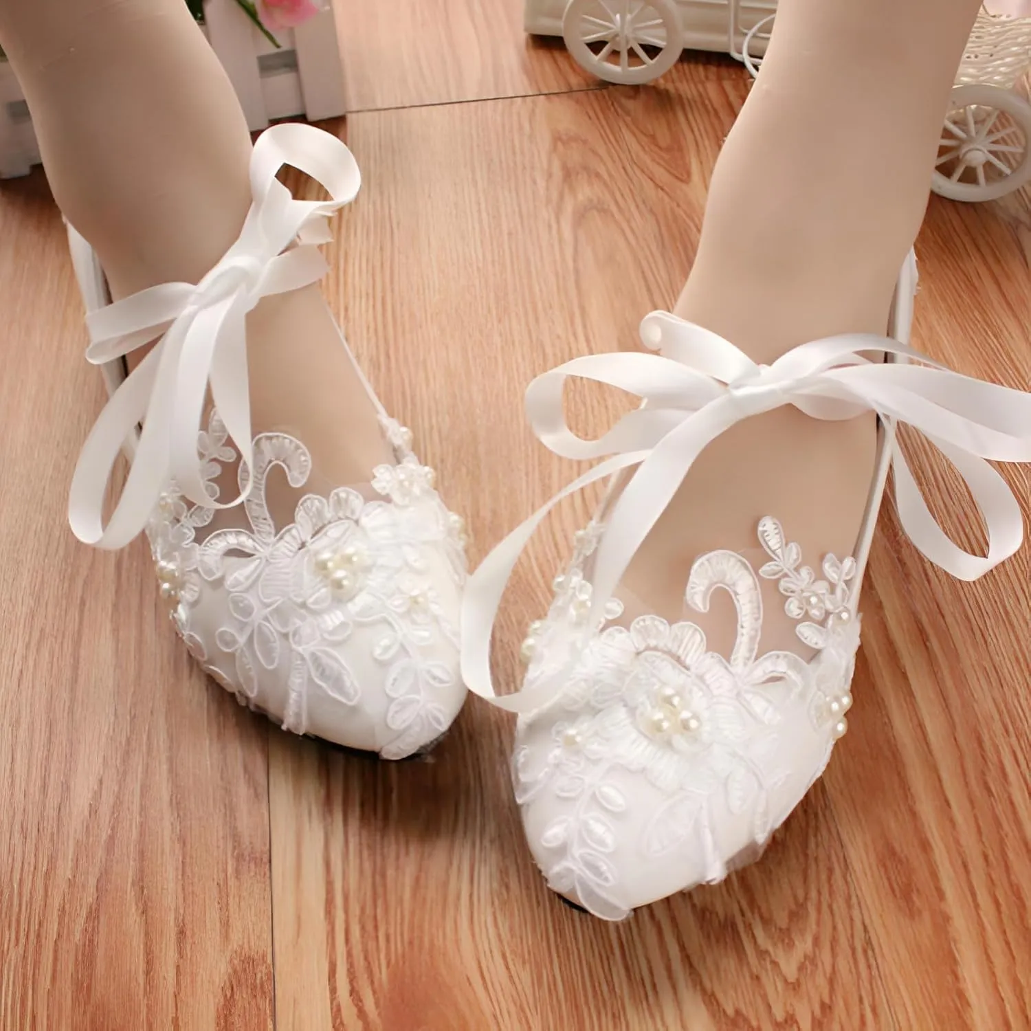 ANUFER Womens Elegant Lace Embroidery Flat/Heeled White Wedding Shoes Pumps with Pearls